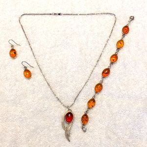 VTG AMBER Necklace, Bracelet, Earring Set on 925